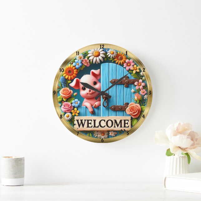 Happy Pig Welcome Floral  Large Clock (Home)