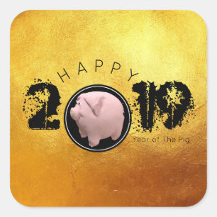 Happy PIg Year 2019 Original 3D golden square S Sticker