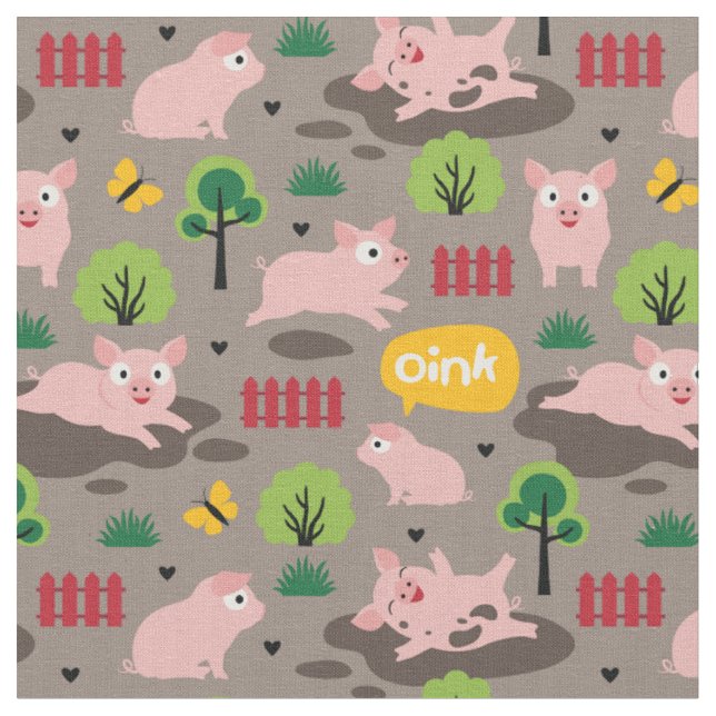 Happy Piglets In The Mud  Fabric (Close Up)