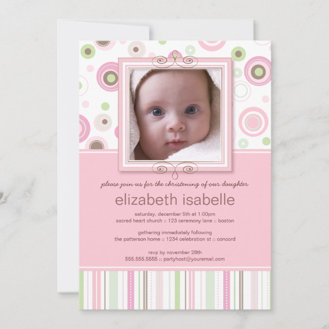 Happy Pink Dots Baby Photo Christening Invitation (Front)