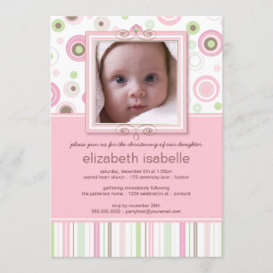 Happy Pink Dots Baby Photo Christening Invitation