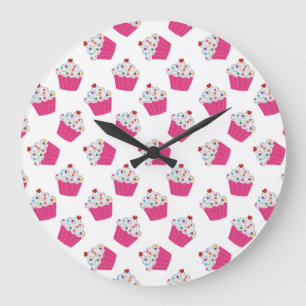 Happy Pink Heart Cupcakes - Sweet Bakery Pattern Large Clock