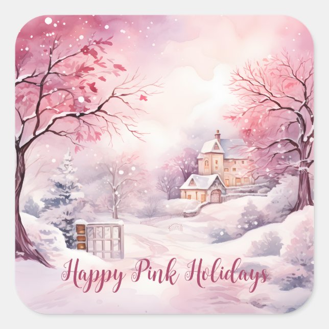 Happy Pink Holidays Christmas Snow Scene Square Sticker (Front)