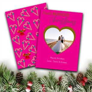 Happy Pink Just Married Christmas Custom Photo Holiday Card