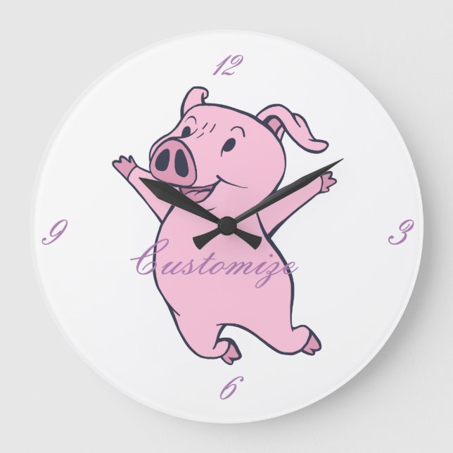 Happy Pink Pig Jumping Thunder_Cove Large Clock (Front)