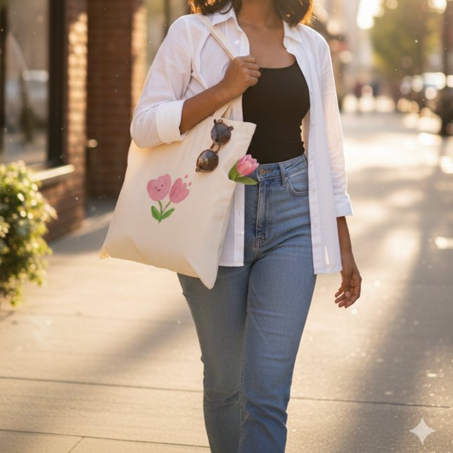 Happy Pink Tulip Heart Face Cute Flower Tote Bag (Creator Uploaded)