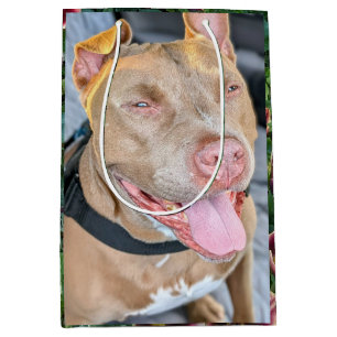 Happy Pitbull with Flowers Photography  Medium Gift Bag