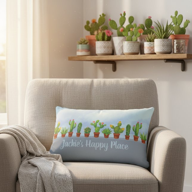 Happy Place Personalised Cactus Lover's Decorative Lumbar Cushion (Cactus lover's happy place pillow with custom name!)