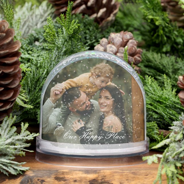 Happy Place Simple Modern Script 2 Family Photo Snowglobe (Winter)