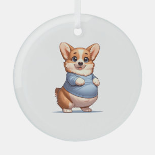 Happy Playful Pup Big Belly Corgi Smiles Tee funny Glass Tree Decoration