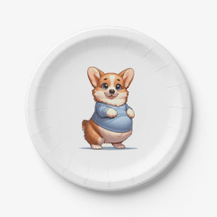 Happy Playful Pup Big Belly Corgi Smiles Tee funny Paper Plate