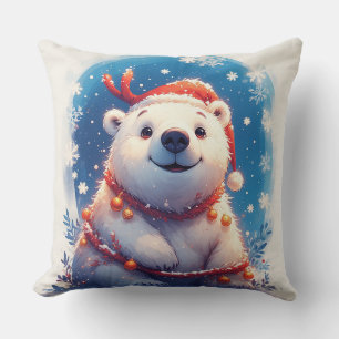 Happy Polar Bear in Santa Hat Cushion