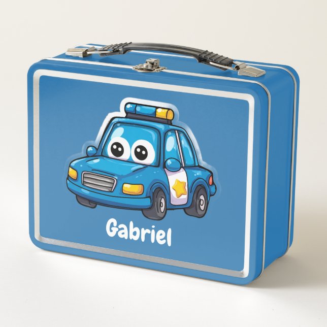 Happy Police Car, Boys, Personalized Blue  Metal Lunch Box (Front)