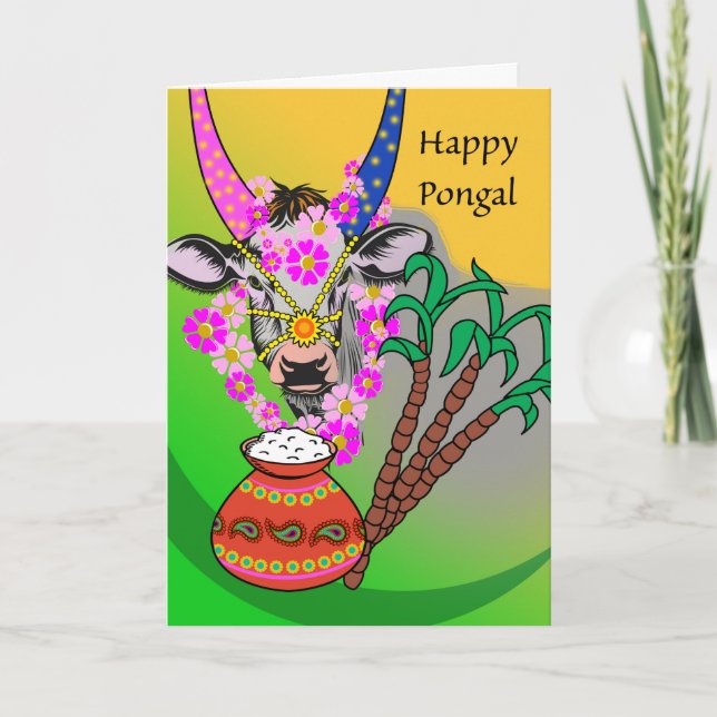 Happy Pongal, Decorated Cow, Pongal Rice, Sugar Card (Front)