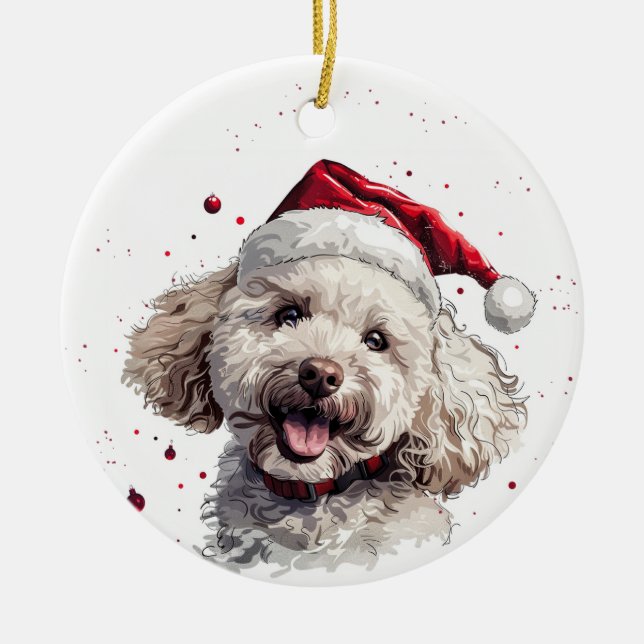 Happy Poodle Dog Christmas Personalized Ceramic Tree Decoration (Front)