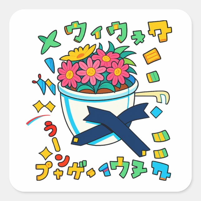 happy pot flower square sticker (Front)