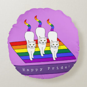 Happy Pride LGBT Cats With Rainbow Flag Round Cushion