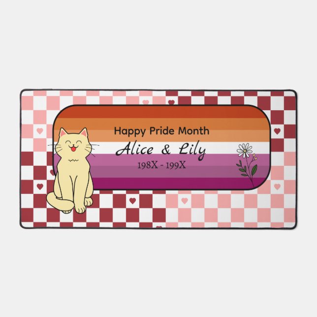 Happy Pride Month Cute Cat Sunset Lesbian Flag Desk Mat (Front)