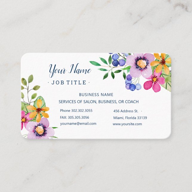 Happy Primary Colours Watercolor Floral Salon Business Card (Front)