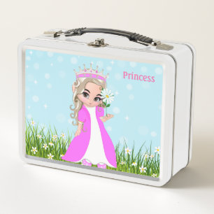 Happy Princess Dressed in Pink and Flowers Metal Lunch Box