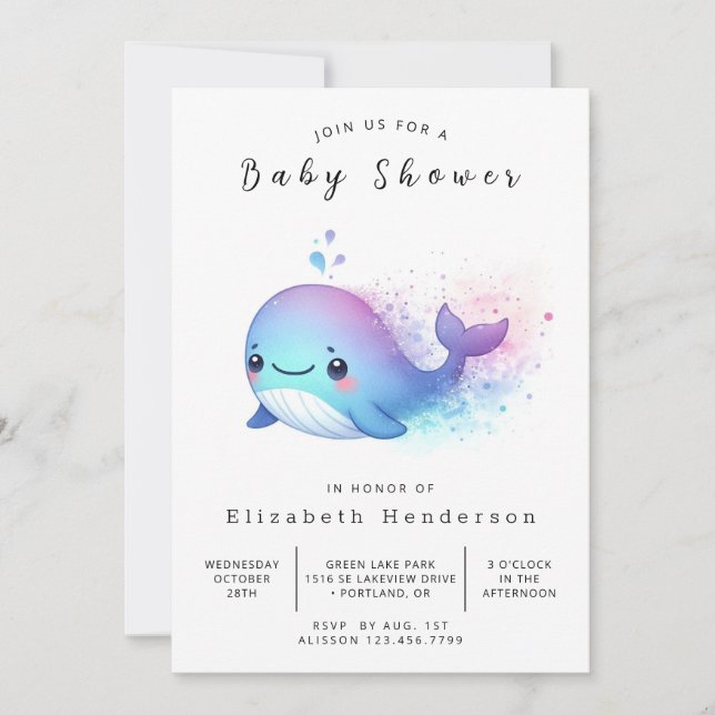 Happy Printable Whale Baby Shower Invitation (Front)