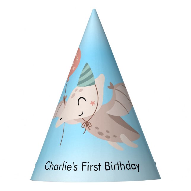 Happy Pterosaur Dinosaur with balloon and  Party Hat (Front)