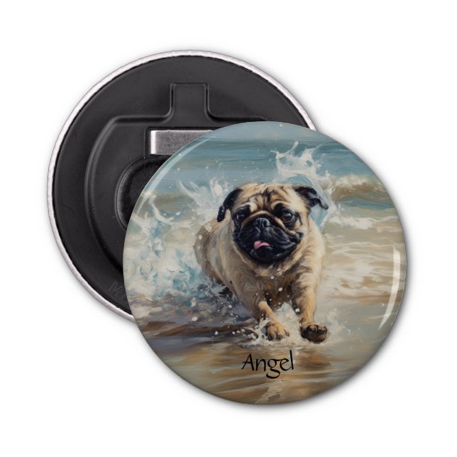 Happy Pug  at the Beach customisable Bottle Opener (Front)