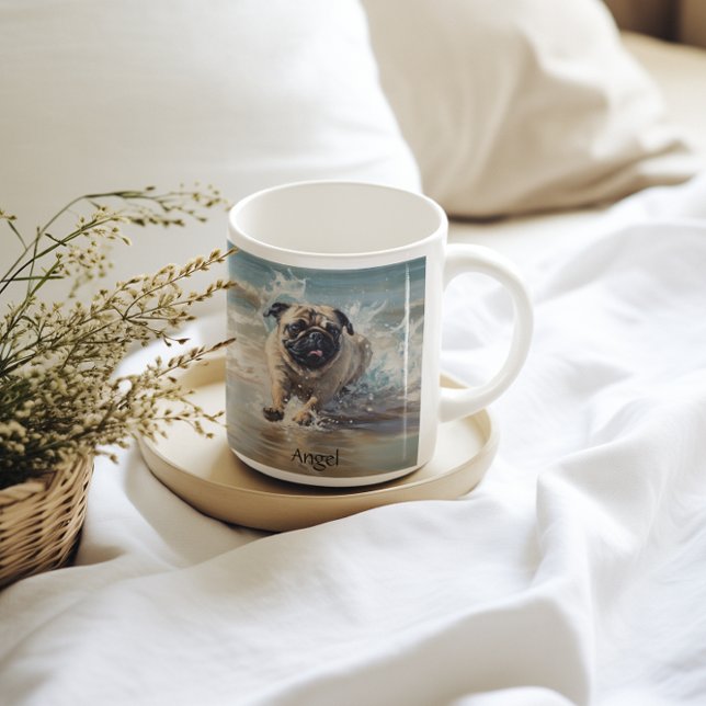 Happy Pug  at the Beach customisable Coffee Mug (Creator Uploaded)