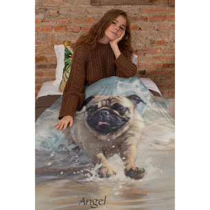 Happy Pug at the Beach customisable Fleece Blanket