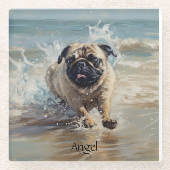 Happy Pug  at the Beach customisable Glass Coaster (Front)