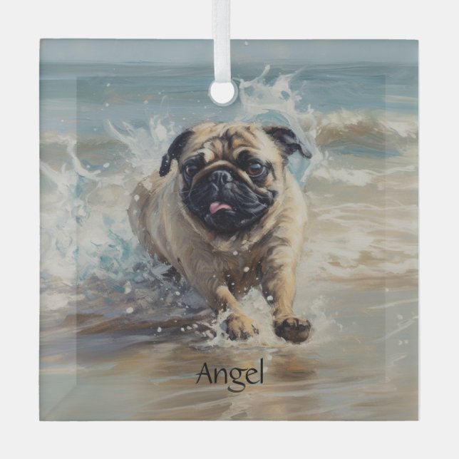 Happy Pug  at the Beach customisable Glass Tree Decoration (Front)