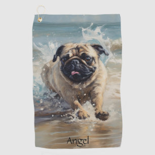Happy Pug  at the Beach customisable Golf Towel