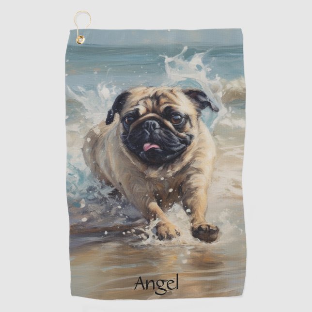 Happy Pug  at the Beach customisable Golf Towel (Front)