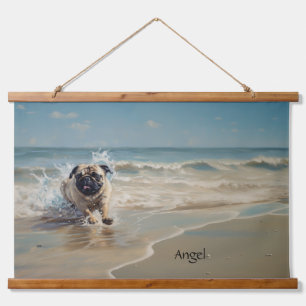 Happy Pug  at the Beach customisable Hanging Tapestry