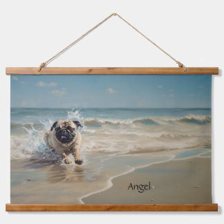 Happy Pug  at the Beach customisable Hanging Tapestry