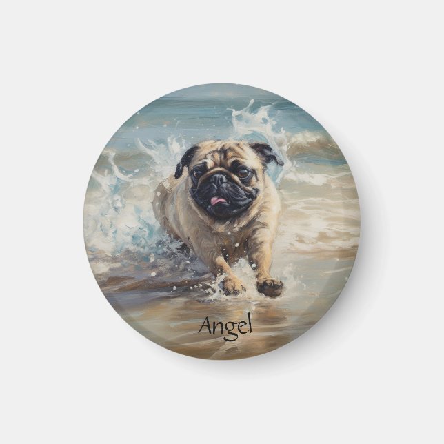 Happy Pug  at the Beach customisable Magnet (Front)