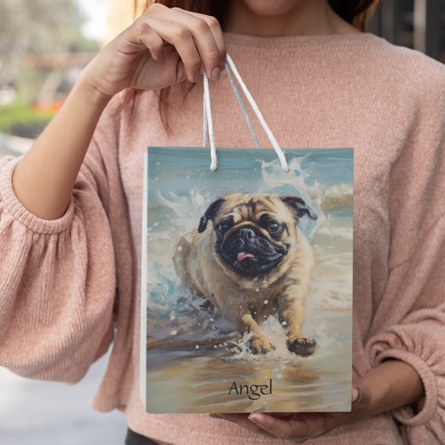 Happy Pug  at the Beach customisable Medium Gift Bag (Creator Uploaded)