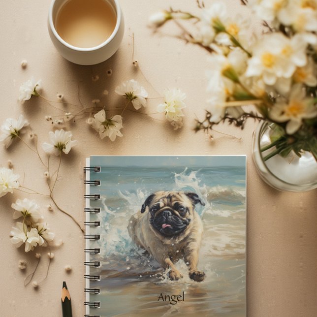 Happy Pug  at the Beach customisable Notebook (Creator Uploaded)