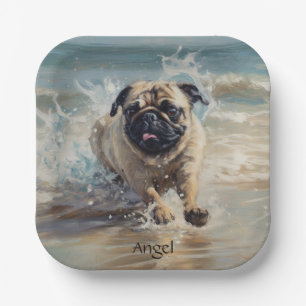 Happy Pug  at the Beach customisable Paper Plate