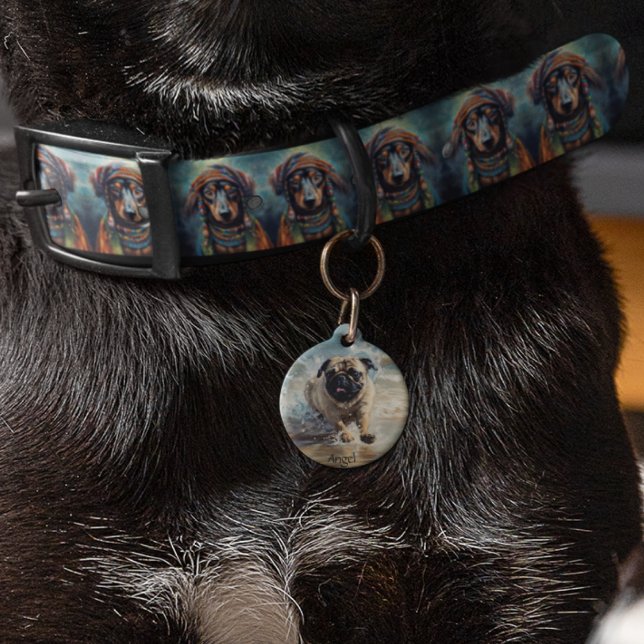 Happy Pug  at the Beach customisable Pet Tag (Creator Uploaded)