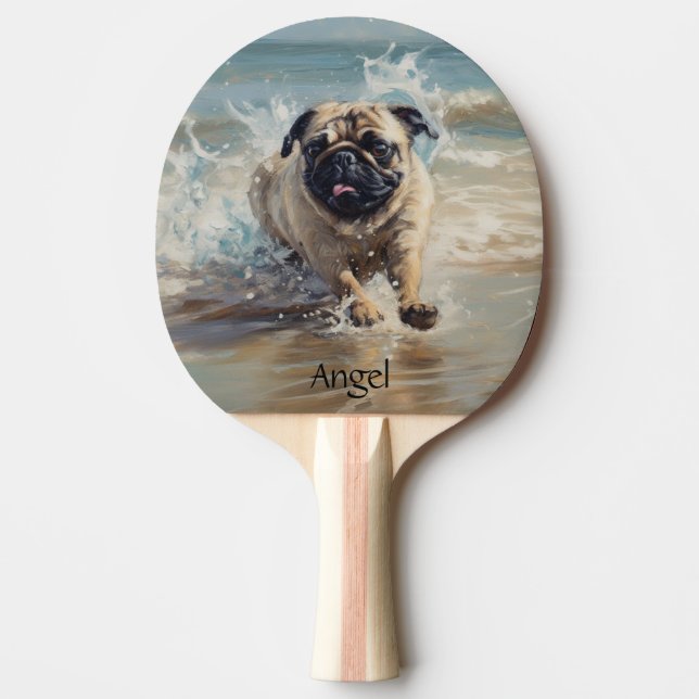 Happy Pug  at the Beach customisable Ping Pong Paddle (Front)