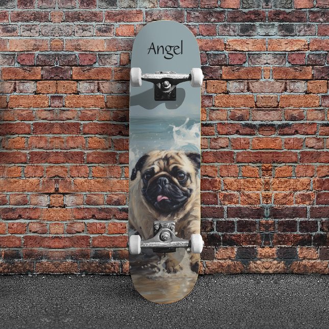 Happy Pug  at the Beach customisable Skateboard (Creator Uploaded)