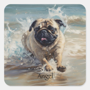 Happy Pug at the Beach customisable Square Sticker