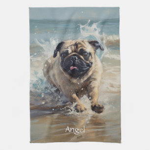Happy Pug at the Beach customisable Tea Towel