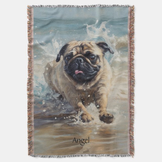 Happy Pug  at the Beach customisable Throw Blanket (Front Vertical)