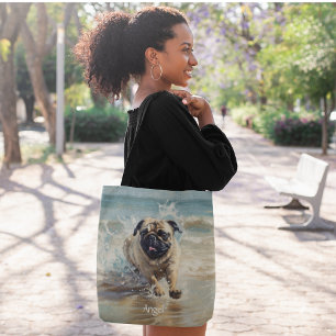Happy Pug  at the Beach customisable Tote Bag