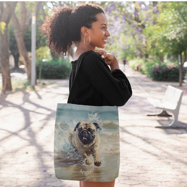 Happy Pug  at the Beach customisable Tote Bag (Creator Uploaded)