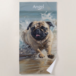 Happy Pug at the Beach customisable Towel