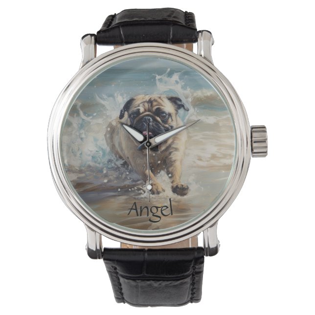 Happy Pug  at the Beach customisable Watch (Front)