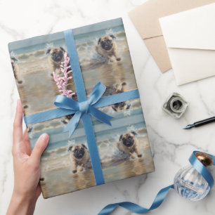 Happy Pug at the Beach customisable Wrapping Paper